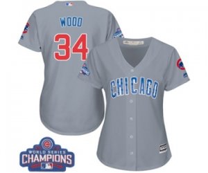 Womens Majestic Chicago Cubs #34 Kerry Wood Authentic Grey Road 2016 World Series Champions Cool Base MLB Jersey