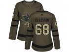 Women Adidas San Jose Sharks #68 Melker Karlsson Green Salute to Service Stitched NHL Jersey