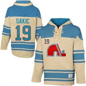 Nordiques #19 Joe Sakic Cream Throwback All Stitched Hooded Sweatshirt