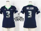 Nike Seattle Seahawks #3 Russell Wilson Steel Blue Team Color Handwork Sequin Lettering Super Bowl XLVIII Women NFL Elite Jersey