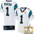 Nike Carolina Panthers #1 Cam Newton White Super Bowl 50 Men Stitched NFL Elite Autographed Jersey