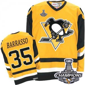 Mens CCM Pittsburgh Penguins #35 Tom Barrasso Premier Yellow Throwback 2016 Stanley Cup Champions NHL Jersey