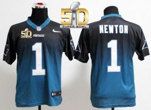 Nike Carolina Panthers #1 Cam Newton Black Blue Super Bowl 50 Men Stitched NFL Elite Fadeaway Fashion Jersey