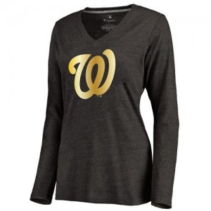 Women\'s Washington Nationals Gold Collection Long Sleeve V-Neck Tri-Blend T-Shirt Black