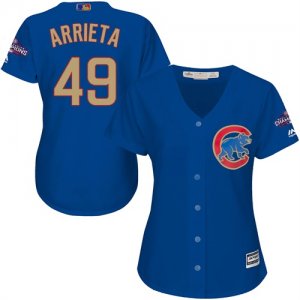 Chicago Cubs #49 Jake Arrieta Blue Women World Series Champions Gold Program Cool Base Jersey