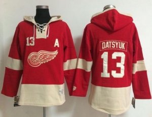 Women Detroit Red Wings #13 Pavel Datsyuk Red Old Time Lacer NHL Hoodie
