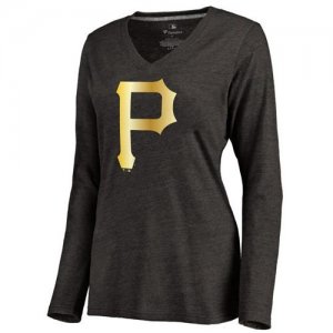 Women\'s Pittsburgh Pirates Gold Collection Long Sleeve V-Neck Tri-Blend T-Shirt Black