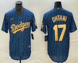 Men\'s Los Angeles Dodgers #17 Shohei Ohtani Blue Gold Pinstripe Cool Base Stitched Baseball Jersey