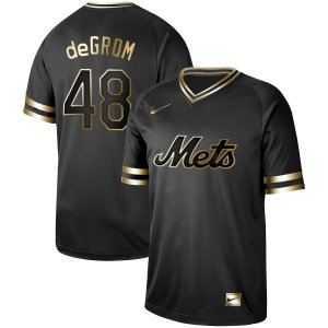 Mets #48 Jacob DeGrom Black Gold Nike Cooperstown Collection Legend V Neck Jersey