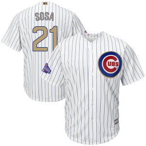 Mens Majestic Chicago Cubs #21 Sammy Sosa White World Series Champions Gold Program cool base Jersey