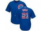 Mens Majestic Chicago Cubs #21 Sammy Sosa Authentic Royal Blue Team Logo Fashion Cool Base MLB Jersey