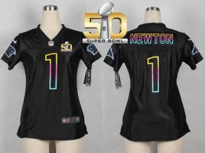 Women Nike Panthers #1 Cam Newton Black Super Bowl 50 NFL Fashion Jersey