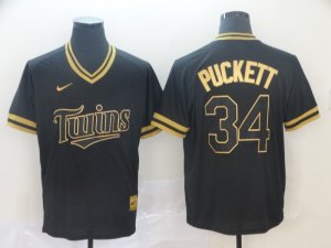 Twins #34 Kirby Puckett Black Gold Nike Cooperstown Collection Legend V Neck Jersey