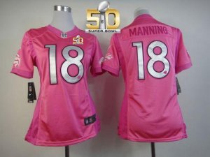 Women Nike Broncos #18 Peyton Manning Pink Super Bowl 50 Be Luv\'d Stitched Jersey