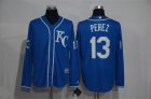 Royals #13 Salvador Perez Blue Long Sleeve Cool Base Jersey
