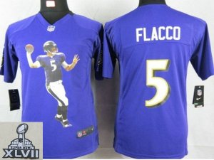 2013 Super Bowl XLVII Youth NEW NFL Baltimore Ravens #5 Flacco Purple Portrait Fashion Jerseys
