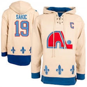Nordiques #19 Joe Sakic Cream All Stitched Hooded Sweatshirt