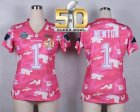 Women Nike Panthers #1 Cam Newton Pink Super Bowl 50 Stitched Camo Fashion Jersey