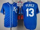 Kansas City Royals #13 Salvador Perez Blue Alternate 2 Cool Base W 2015 World Series Patch Stitched MLB Jersey