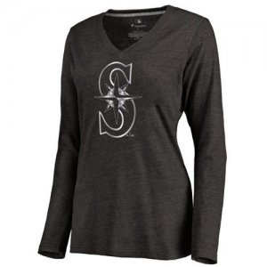 Women\'s Seattle Mariners Platinum Collection Long Sleeve V-Neck Tri-Blend T-Shirt Black