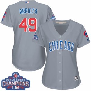 Womens Majestic Chicago Cubs #49 Jake Arrieta Authentic Grey Road 2016 World Series Champions Cool Base MLB Jersey