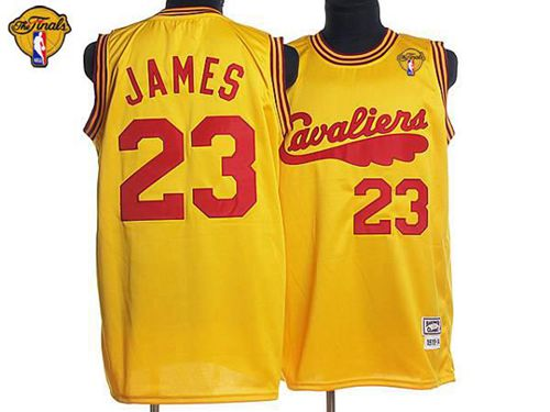 NBA Mitchell and Ness Cleveland Cavaliers #23 LeBron James Yellow Throwback The Finals Patch Stitched Jerseys